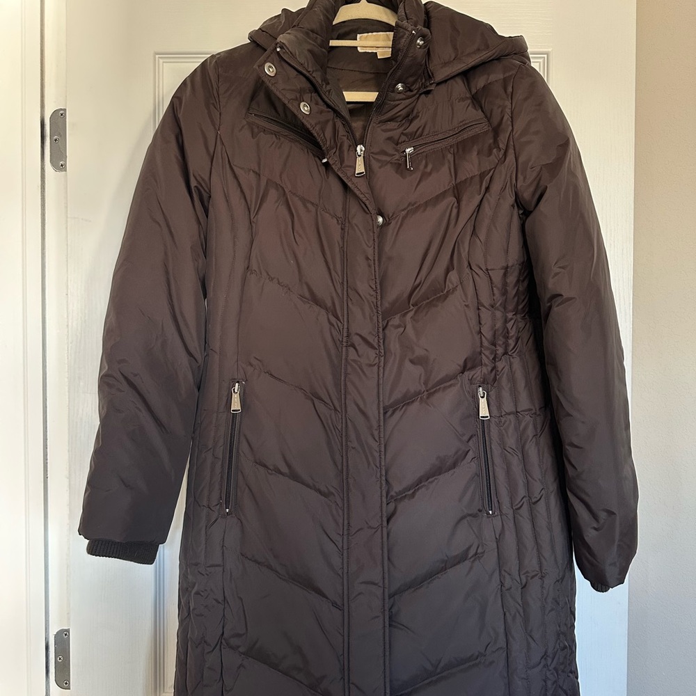 Michael Kors Women's Long Brown Hooded Puffer Coat